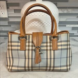 Burberry Cream and Tan Check Satchel with Leather Trim and Silver Hardware